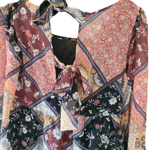 American Eagle Patchwork Boho Blouse Top Womens Size XS Tie Back Keyhole Y2K - Picture 4 of 10